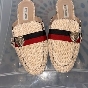 Steve Madden Tan Mules with Red and Black Stripes